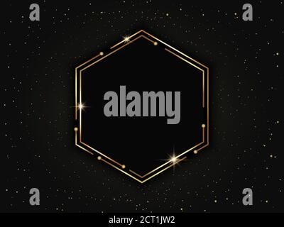 Gold Luxus sechseckigen Rahmen mit Partikeln. Geometrische polygonale Vorlage aus Linien und Punkten. Stock Vektor