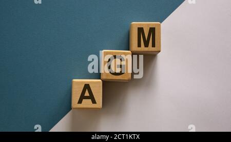 Holzwürfel mit Akronym "AGM" - "Jahreshauptversammlung" auf einem schönen weißen und blauen Hintergrund. Geschäftskonzept, Kopierbereich. Stockfoto