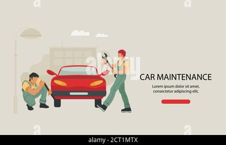 Auto-Reparatur-Service und Wartung Website mit Werkstatt-Vektor-Illustration. Stock Vektor