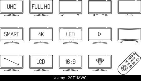 Symbole für schwarze Linien des Fernsehers eingestellt. Empfangen Sie Übertragungssignale und wandeln Sie sie in Bilder und Ton um. Verschiedene Arten von fernsehbildschirmen. Piktogramm für Webseite Stock Vektor