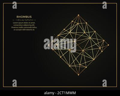 Rhombus goldene abstrakte Illustration auf dunklem Hintergrund. Geometrische Form polygonale Vorlage aus Linien und Punkten. Stock Vektor