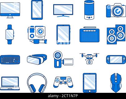 Gadgets Farbsteilensymbole eingestellt. Elektronische Geräte. Entwickelt, um das menschliche Leben zu erleichtern und zu verbessern. Piktogramm für Webseite, mobile App, Promo. UI-UX-GUI Stock Vektor