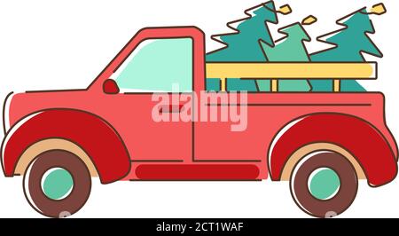 Auto mit Weihnachtsbäumen Farbe Linie Symbol. Fahren Sie mit einem roten LKW. Piktogramm für Webseite, mobile App, Promo. UI UX GUI Design Element. Bearbeitbare Kontur. Stock Vektor