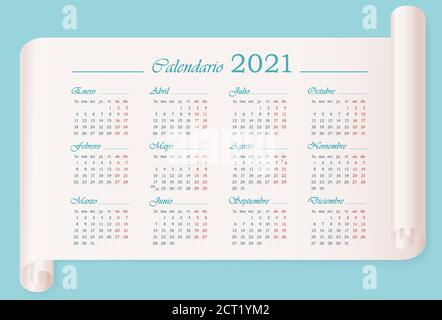 Wandkalender 2021 Vorlage auf spanisch auf Pergament. 12 Monate. Die Woche beginnt am Montag. Horizontales Vektor bearbeitbares Kalenderdesign Stock Vektor