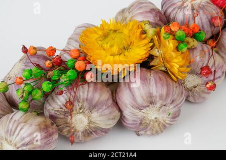 Ein mit Blumen geschmücktes Zopf aus Knoblauch vor hellem Hintergrund, aus der Nähe fotografiert Stockfoto