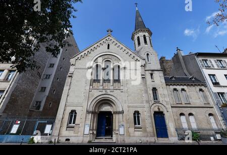 Der protestantische Tempel von Batignolles befindet sich im 17. Bezirk von Paris, Frankreich. Stockfoto