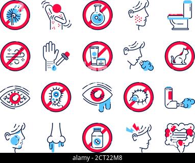 Farbsymbole für Allergie- und Symptomlinien gesetzt. Dermatologische, infektiöse Erkrankung. Lebensmittelunverträglichkeit, Vergiftung. Grippe, Grippe. Stock Vektor