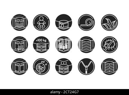 Lineare Symbole der Matratze setzen das schwarze Glyphen-Symbol. Verschiedene Arten von Matratzen. Piktogramm für Webseite, mobile App, Promo. UI UX GUI Design Element. Stock Vektor