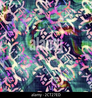 Verschwommener Regenbogen Glitch künstlerische florale Textur Hintergrund. Unregelmäßige Blutung Aquarell Krawatte Farbstoff nahtlose Muster. Ombre verzerrte Boho Blume ganz Stockfoto