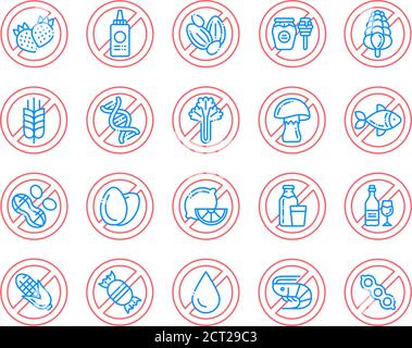 Farbsymbole für Allergie- und Symptomlinien gesetzt. Dermatologische, infektiöse Erkrankung. Lebensmittelunverträglichkeit, Vergiftung. Grippe, Grippe. Melden Sie sich für Webseite, Handy Stock Vektor