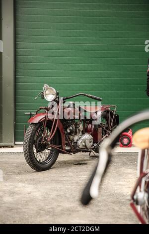 Ein 1930 Indian Scout 101 auf der Ausstellung im Bicester Heritage Sunday Scramble Classic American Motorrad Stockfoto