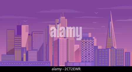 Downtown San Francisco Nacht. Amerikanische Wolkenkratzer. Stock Vektor