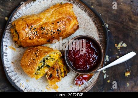 Vegetarische Butternut-Kürbisbrötchen mit Tomatenchutney Stockfoto