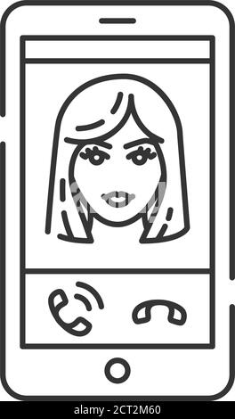 Telefon Anruf App Smartphone schwarze Linie Symbol. Virtuelles Dating. Schaltfläche „Ablehnen“, „Antworten“. Eingehender Anruf, Voicemail-Bildschirm. Material Design UI UX GUI Bildschirme Stock Vektor