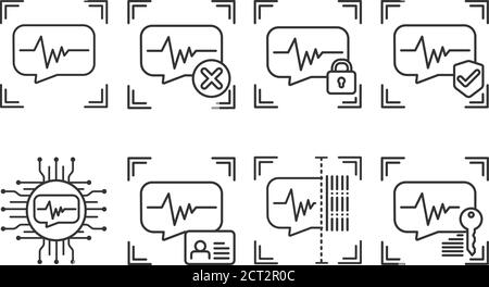 Schwarze Strichsymbole für den Scan der Spracherkennung eingestellt. Konzept: Person verifizieren, blockierter Benutzer, Sicherheit, genehmigt, ai, id, Scannen, Zugriff entsperren Stock Vektor