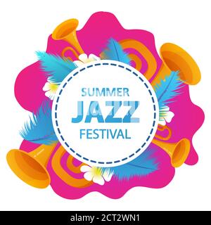 Sommer Jazz Musik Festival Label. Konzept des Musikbanners mit Trompeten. Stock Vektor