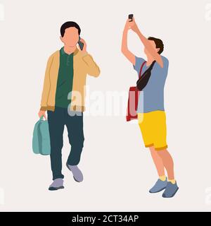 Vector Mann mit Telefon nehmen Foto und sprechen Stock Vektor