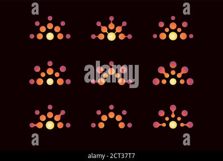 Set von Logo-Konzepten mit stilisierter Sonne, bestehend aus Punkten wie Sonnenstrahlen. Orange Farbverlauf, tolle Sonnenuntergang Logo auf schwarzem Hintergrund. Zusammenfassung Stock Vektor
