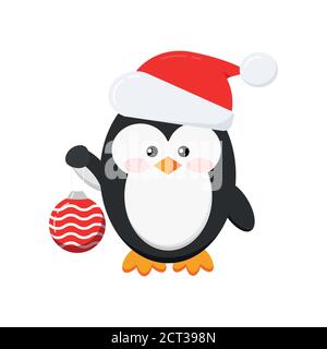 Niedlichen Winter Pinguin Junge mit weihnachtskugel isoliert auf weißem Hintergrund. Stock Vektor