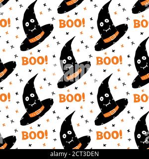 Hexenhut mit niedlichem lächelndem Gesicht und boo Wort. Halloween Nahtloses Muster. Isoliert auf weißem Hintergrund. Vektorgrafik. Stock Vektor