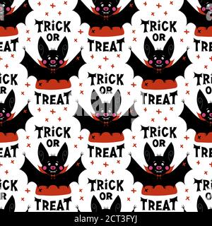 Niedliche Cartoon Vampir Fledermaus und Trick or Treat Schriftzug. Halloween Nahtloses Muster. Isoliert auf weißem Hintergrund. Vektorgrafik. Stock Vektor