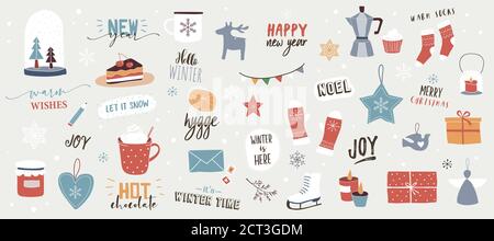 Sammlung von Weihnachtsdekorationen, Weihnachtsgeschenke, Winter gestrickte Wollkleidung, Ingwerbrot, Bäume, Geschenke und Pinguin. Farbenfrohe Vektorgrafik Stock Vektor