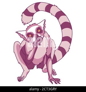 Violetter Lemur auf weißem, isoliertem Hintergrund. Neugierige Säugetier für Einladung oder Geschenkkarte, Scrapbooking, Notizbuch Aufkleber, Badeteike. Telefontasche oder Tuch PR Stock Vektor