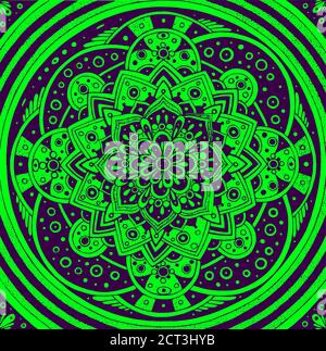 Mandala mit Blumendudel. Geometrisches Ornament. Heilige Geometrie. Linie bunt leuchtend grün realistische Zeichnung. Geometrisches Ornament. Vektorgrafik Stock Vektor