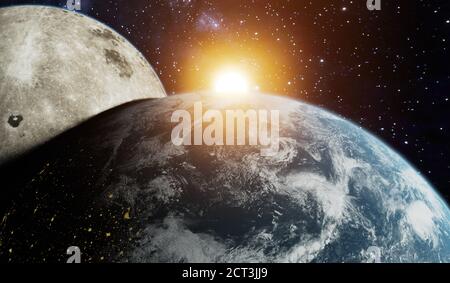 3D-Rendering von Nahaufnahme der Erde mit dem Mond dicht dahinter.Elemente dieses Bildes von der NASA. Stockfoto