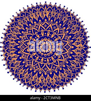 Mandala mit Blumendudel. Heilige Geometrie. Linie orange und blau realistische Zeichnung. Geometrische Ornamentik. Vektorgrafik Stock Vektor