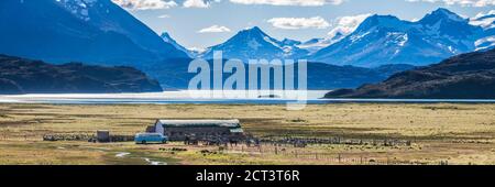 Estancia La Oriental Bauernhöfe mit Belgrano See und Anden Gebirge dahinter, Perito Moreno Nationalpark, Santa Cruz Provinz, Patagonien, Argentinien, Südamerika Stockfoto