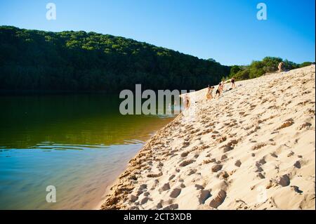 Touristen auf einer Fraser Island Tour am Lake McKenzie, Queensland, Australien Stockfoto