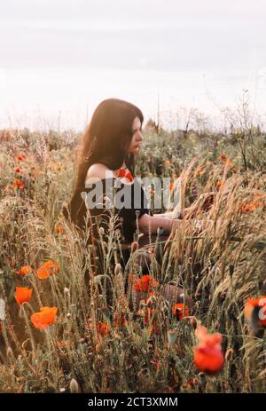 Im Gespräch mit der Natur. Schöne junge Brünette Frau mit dunkelbraunen langen Haaren in off shoulders schwarzes Kleid sitzt im Profil in einem wilden Mohnblumen Stockfoto