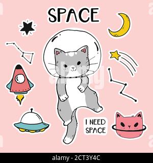 Nette glückliche Katze Astronaut in Galaxie Aufkleber-Set, graue Katze im Helm fliegen, Idee für Sublimation, Schnitt-Datei, Grußkarte, Aufkleber, Journal, Kugel plann Stock Vektor