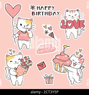 Nette lustige Katze Geburtstag Set Element Clip Art Doodle Vektor für Aufkleber, Journal, bedruckbare und Grußkarte Stock Vektor