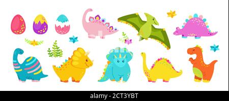 Dinosaurier Flat Set. Reptile Cartoon Sammlung, Raubtiere und Pflanzenfresser Dino. Lustige bunte Dinosaurier. Kinder Design für Stoff oder Textil. Vektorgrafik isoliert auf weißem Hintergrund Stock Vektor