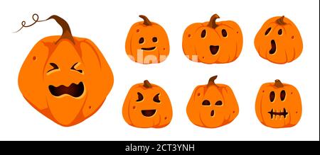 Set von Halloween Kürbisse Papier schneiden Symbole. Verschiedene Formen Squash mit geschnitzten niedlichen Gesichtern Emotion. Schild gruselig lustig niedlich schneiden Kürbis Lächeln. Dekor für Horror Party Einladung. Vektorgrafik Stock Vektor