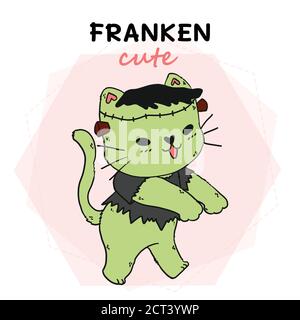 Niedliche Katze grün Frankenstein lustige Halloween, franken niedlich, Idee für Sublimation, drucken, Grußkarte, Aufkleber Stock Vektor