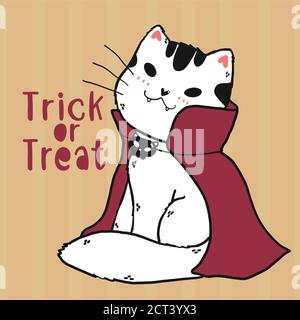 Niedliche Doodle Katze Vampir Kostüm Trick or Treat Halloween Cartoon Clip Art flache Vektor, Idee für Grußkarte, druckbare Karte, Wandkunst, Sublimation, Stock Vektor