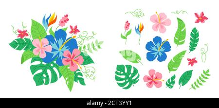 Hawaiianische tropische Blumenstrauß. Exotische Cartoon-Karte Dschungel. Florale flache Zusammensetzung für Einladung oder Urlaub. Monstera und Wildblumen Sammlung. Vektorgrafik Stock Vektor