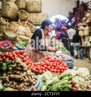 Obst- und Gemüsestände, Markt Campesino (Mercado Campesino), Sucre, Bolivien, Südamerika Stockfoto