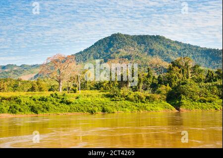 Landschaft auf dem Mekong River Bank aus dem Slow Boat von Thailand nach Vientiane, Laos, Südostasien Stockfoto