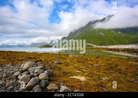 Panoramablick auf Gimsoystramen Barstrand, Norwegen. Die Berge und der blaue Himmel tagsüber am Meer überblicken die wunderschöne Brücke. Stockfoto