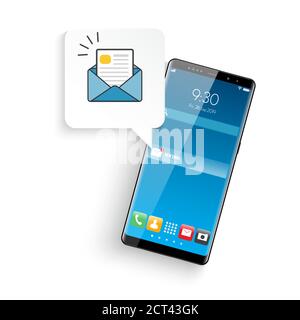 Neue realistische Handy modernen Stil. E-Mail-Benachrichtigungskonzept. Neue E-Mail auf dem Smartphone-Bildschirm. Vektorgrafik. Stock Vektor