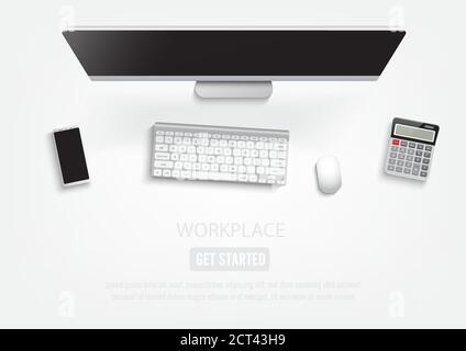 Realistischer Arbeitsplatz-Desktop. Draufsicht Schreibtisch, PC mit Tastatur, Smartphone, Aufkleber, Brille, offene Notiz. illustrator-Vektor. Stock Vektor