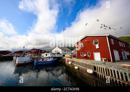 Die roten Rorbu Hütten in einem Fischerdorf und viele Boote auf dem Wasser spiegeln den schönen Himmel auf der Insel Lofoten in Norwegen. Stockfoto