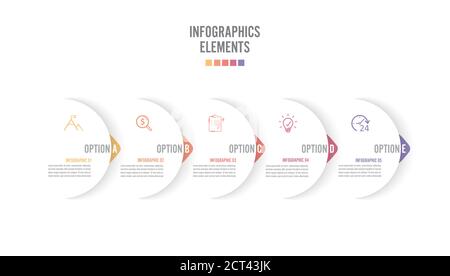 Fünf papierweiße überlappende Pfeile in horizontaler Reihe. Konzept von 5 aufeinanderfolgenden. Für Inhalt, Diagramm, Flussdiagramm, Schritte, Teile, Infograh Stock Vektor