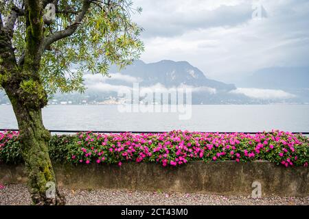 Landschaft des Comer Sees mit sehr bewölktem Himmel und Bergen, die in Norditalien liegt. Stockfoto