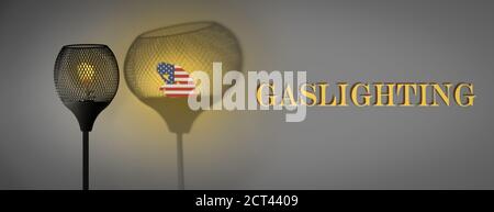 Gaslight mit Silhouette der Frau drapiert in amerikanischen Flagge im Schatten von der Lampe gegossen, Gaslighting Text, Konzept Illustration Stockfoto