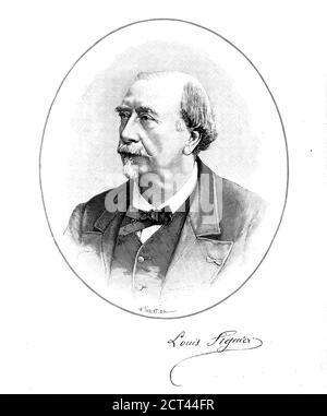 Porträt des französischen Wissenschaftsschriftstellers Louis Figuier (1819-1894). Kunstwerk aus dem Buch Les merveilles de la Science, ou Beschreibung populaire des inventions modernes [die Wunder der Wissenschaft, oder populäre Beschreibung der modernen Erfindungen] von Figuier, Louis, 1819-1894 Veröffentlicht in Paris 1867 Stockfoto